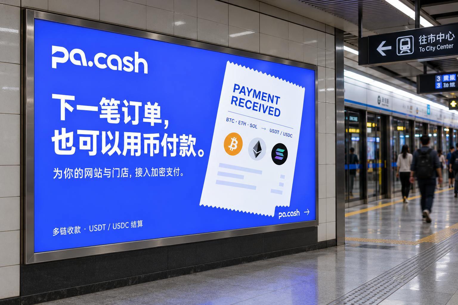 PA.CASH 蓝色地铁灯箱应用示意,完整展示字标、宣传文案与票据图形